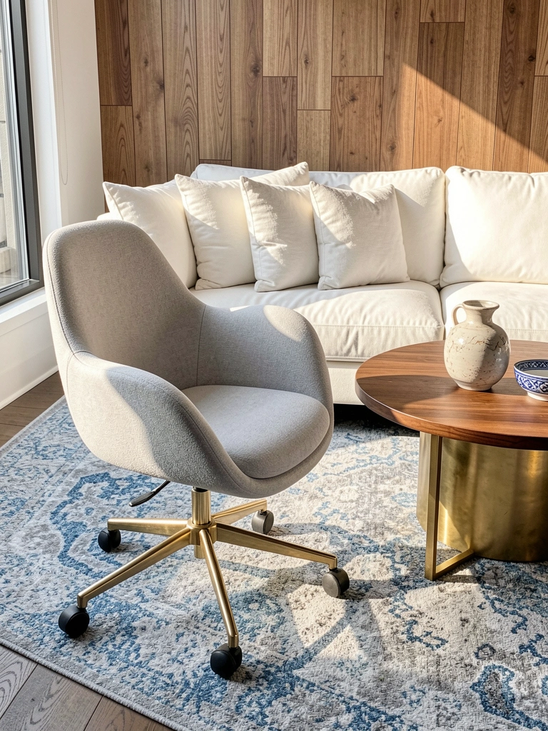 Luz natural incide sobre cadeira ergonômica cinza com pés dourados, sofá branco felpudo, mesa redonda de madeira com base dourada e vaso cerâmico.