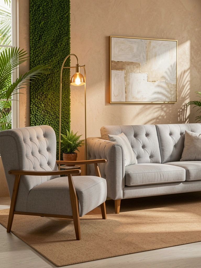 Poltrona estofada cinza claro com capitonê e braços de madeira, tapete neutro, parede texturizada com painel verde vertical e abajur de piso moderno.
