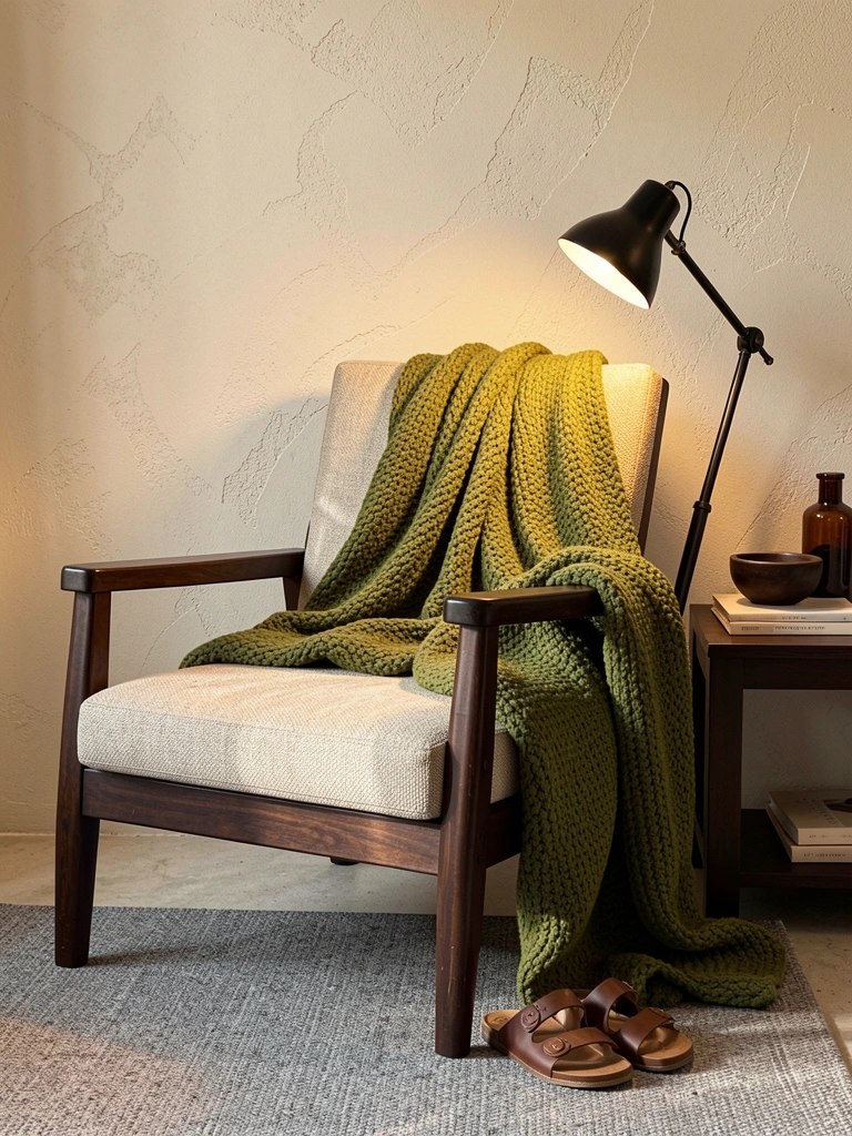 Poltrona de madeira escura com almofada bege e manta verde-musgo, luminária preta ao lado, estante com livros e vaso, chinelos de couro no chão, luz natural.