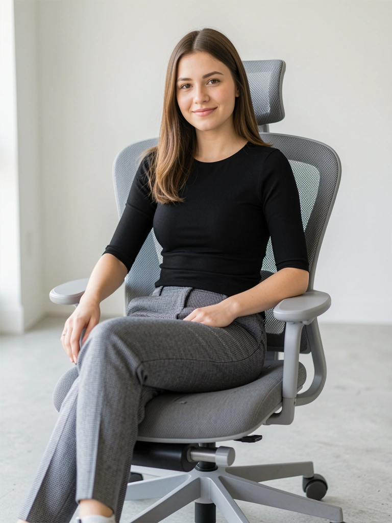 Jovem de cabelo castanho em cadeira ergonômica cinza com mesh, calça xadrez cinza, sorriso leve, luz difusa natural.