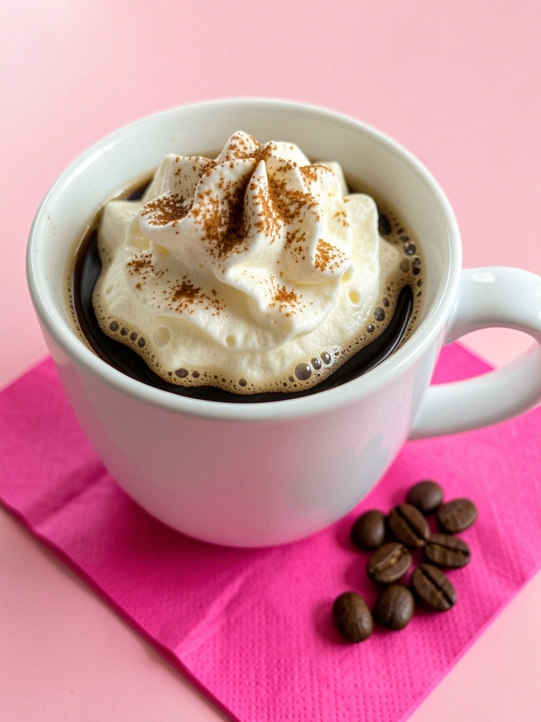 Xícara branca com café preto coberto por chantilly cremoso, grãos de café ao lado sobre superfície escura.