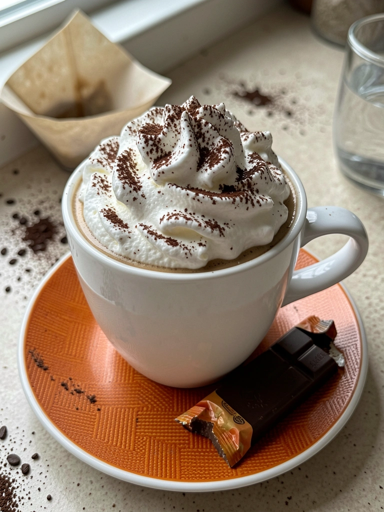 Grãos de café moídos, água em copo transparente e filtro de papel sobre balcão de madeira.