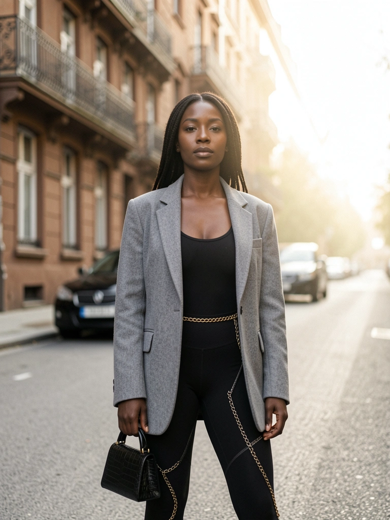 Mulher negra de blazer cinza oversized, body preto e leggings com corrente, bolsa crocodilo e cinto dourado, em rua asfaltada com prédios marrons e varandas de ferro ao fundo, luz natural.