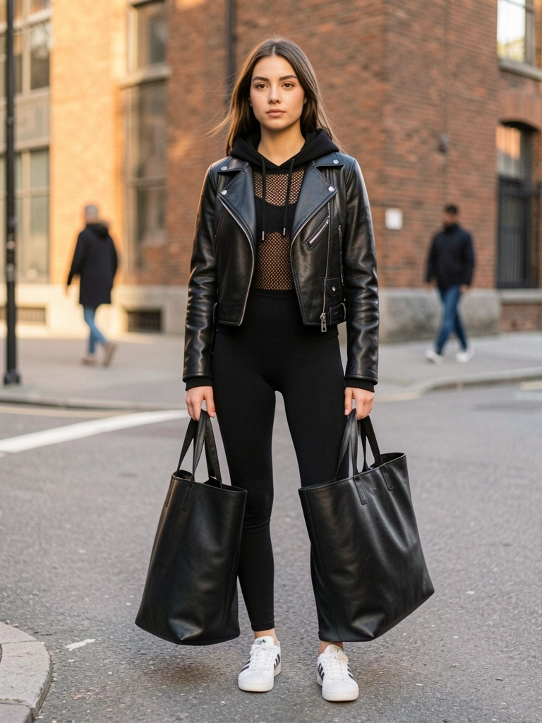 Mulher de jaqueta de couro preta, moletom e tênis Adidas brancos em rua de tijolos, luz natural e figura desfocada ao fundo.
