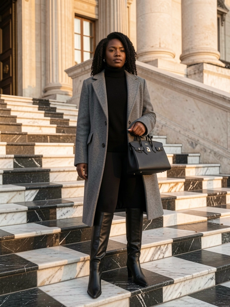 Mulher negra de casaco cinza e bolsa Birkin preta em escadaria de mármore xadrez preto e branco, luz natural suave.