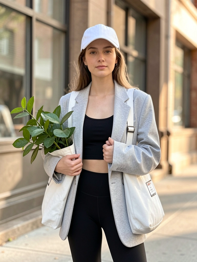 Jovem com blazer cinza claro, boné branco e bolsa a tiracolo segurando planta verde em sacola de pano, rua urbana desfocada ao fundo com luz natural.
