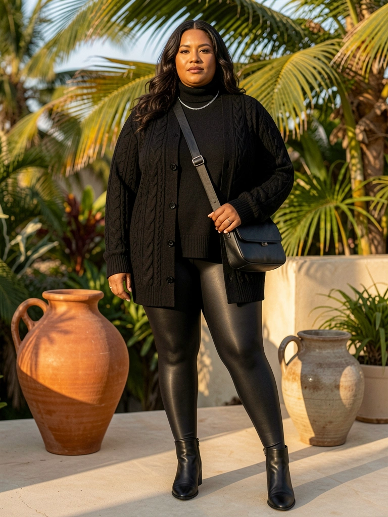 Mulher plus size com cardigã de tricô preto, gola alta, leggings brilhantes e botas, segurando bolsa transversal, vasos de terracota e cerâmica ao fundo, luz natural.