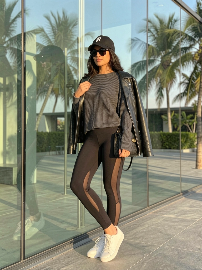 Mulher com suéter cinza canelado, leggings pretas com recortes, jaqueta de couro preta e bolsa Gucci encostada em vidro de prédio moderno, luz natural.