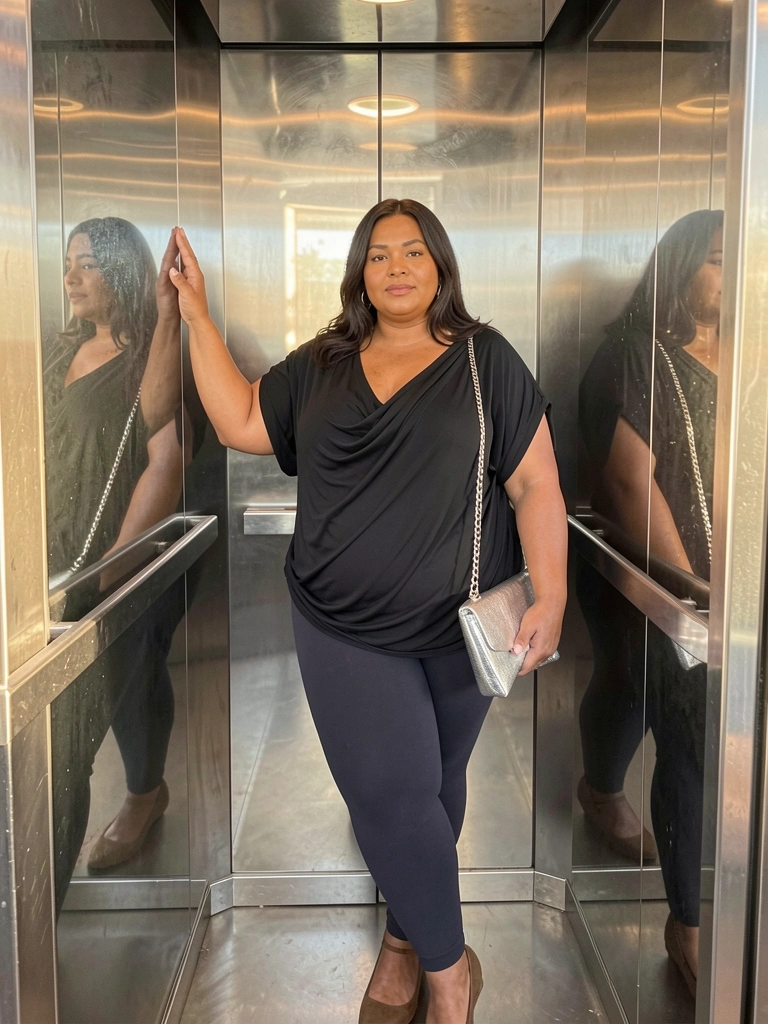 Mulher plus size em blusa preta e leggings, encostada em elevador de aço inoxidável refletivo, segurando clutch prateada, luz natural destaca texturas.
