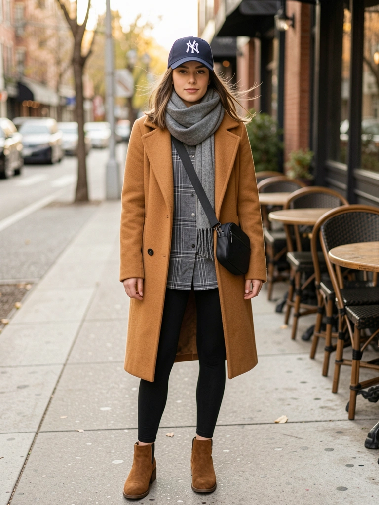 Mulher em calça preta, casaco camel e boné Yankees, cachecol cinza e botas marrons em calçada com mesas de café ao fundo.