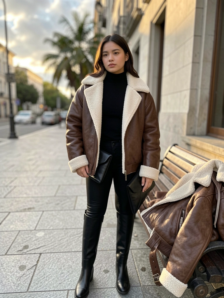 Jaqueta de couro marrom com gola de shearling branca sobre banco de pedra, mulher de preto em calçada, luz natural quente e prédio ao fundo.