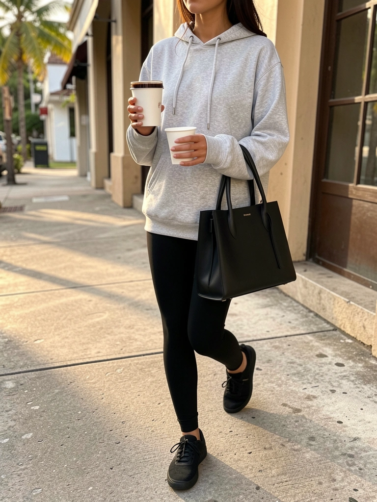 Mulher com leggings pretas, moletom cinza claro e tênis preto segurando copo branco e bolsa estruturada preta em rua de concreto com luz natural quente.