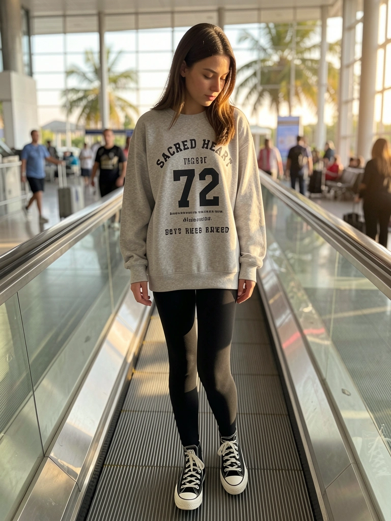 Mulher de moletom cinza texturizado e calça preta em escada rolante de aeroporto, luz natural e fundo desfocado.