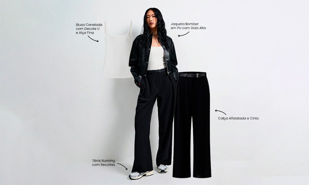 combinações calça preta tênis casual chic