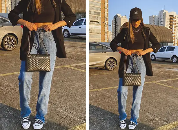 combinações calça preta tênis casual chic