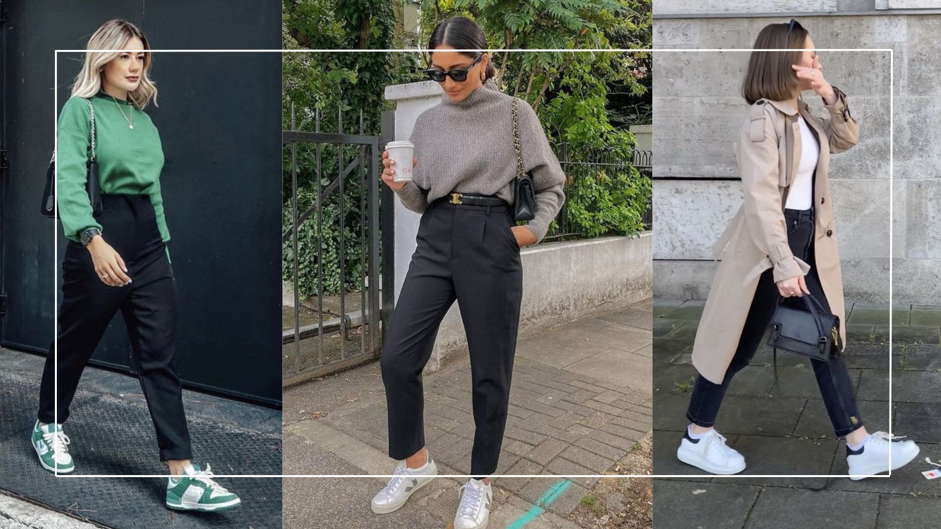 looks com calça pantalona preta e tênis