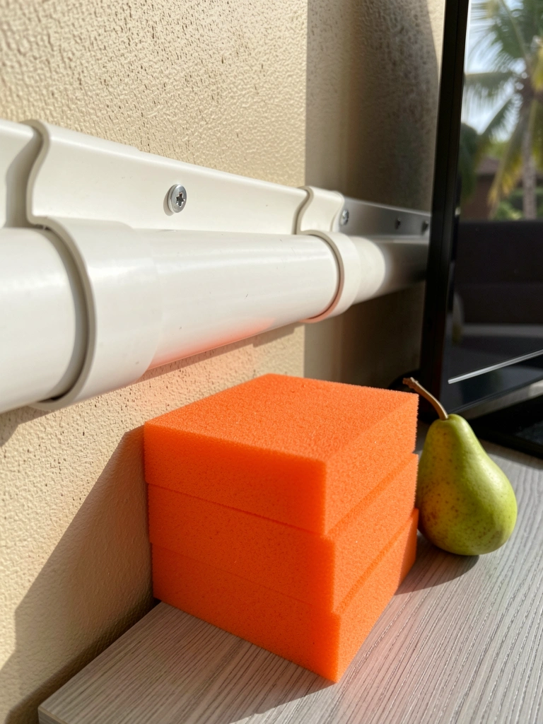 Canaleta PVC branca horizontal em parede bege, parafusos à vista, pilha de blocos laranja sobre madeira cinza clara, pera verde ao lado, TV preta ao fundo, luz natural.