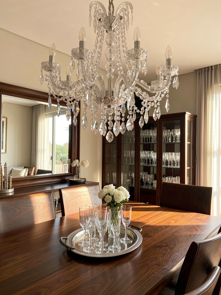 Lustre de cristal com muitos braços sobre mesa de madeira escura com bandeja de prata, taças de vinho e vaso com flores brancas; luz natural entra pela janela.