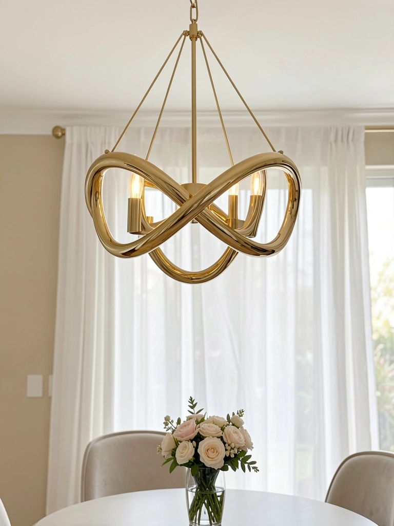 Lustre dourado com braços circulares entrelaçados pendente sobre mesa com arranjo floral, cortinas brancas ao fundo.