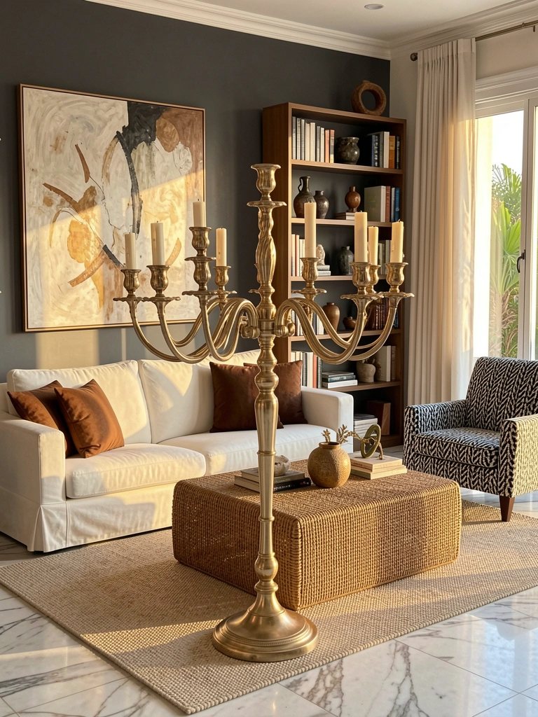 Candelabro de oito braços sobre sofá branco com almofadas marrons, parede cinza escura com pintura abstrata e estante, mesa de centro de vime, tapete bege texturizado e poltrona xadrez preto e branco, luz natural.