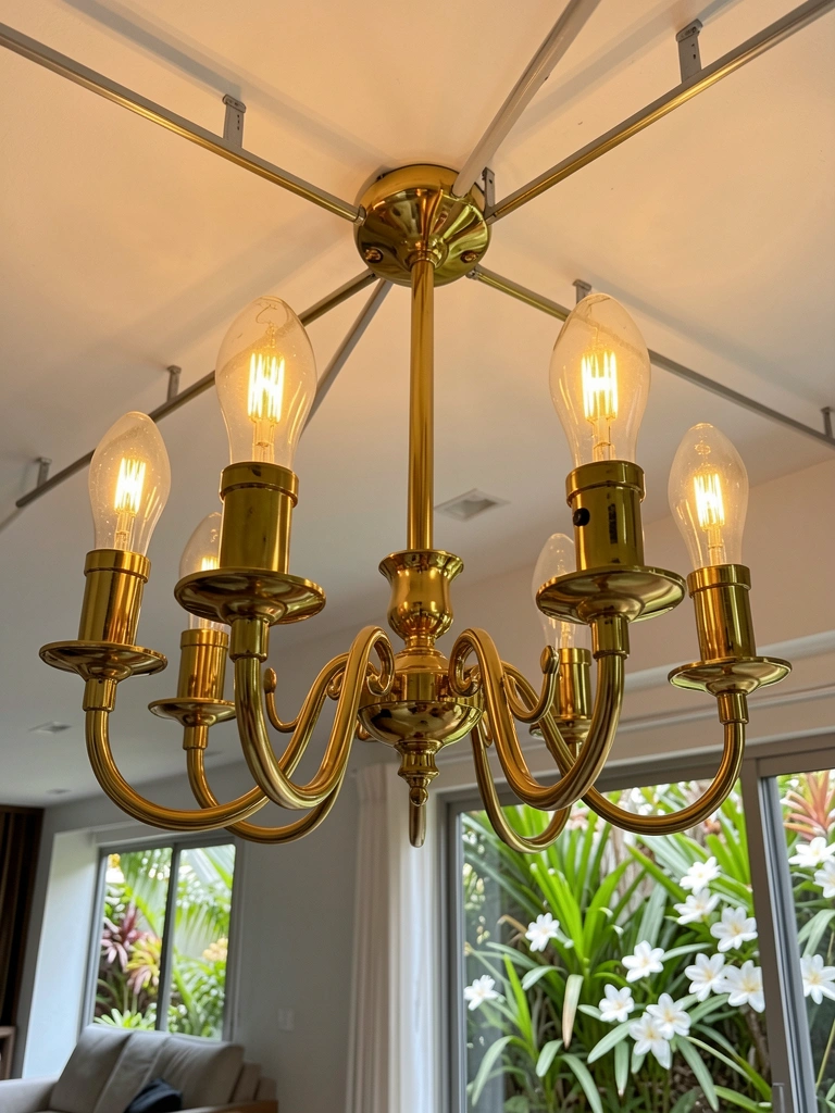 Lustre dourado de dez braços com lâmpadas Edison, montado em teto branco, com sala moderna e janela para jardim tropical ao fundo.