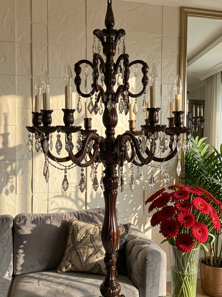 Candelabro de 12 braços com cristais pendentes em uma sala iluminada por luz natural, com sofá cinza e vaso de margaridas vermelhas ao lado.