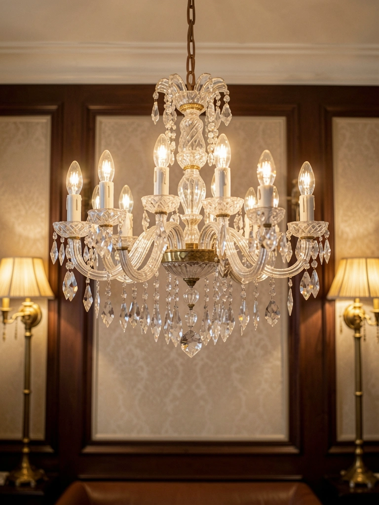 Lustre de cristal com 15 braços e luz difusa, ladeado por luminárias douradas, em sala com papel de parede texturizado e painéis de madeira escura.