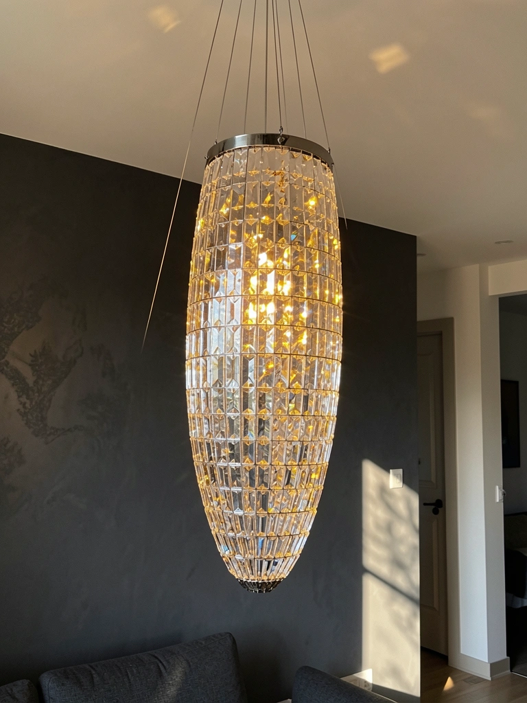 Lustre oval de cristal e alumínio suspenso por fios finos, refletindo luz solar dourada, parede texturizada cinza escuro à esquerda.