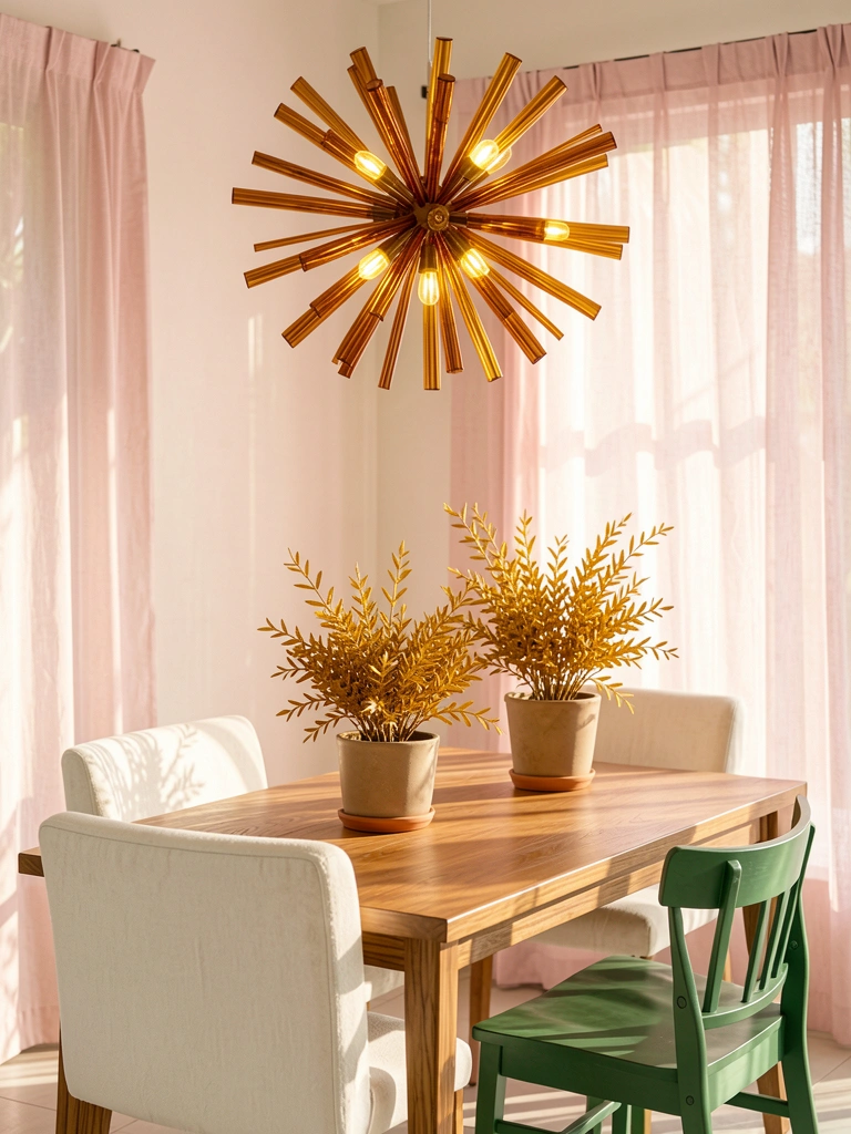 Lustre âmbar starburst sobre mesa de madeira com cadeiras forradas de branco e verde, cortina rosa claro e plantas douradas.
