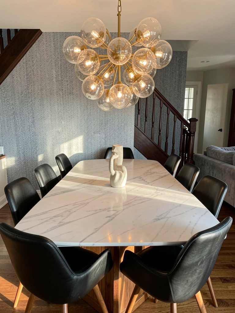 Lustre de globos de vidro e estrutura dourada sobre mesa de mármore branco com cadeiras pretas, parede texturizada cinza-azulada ao fundo.