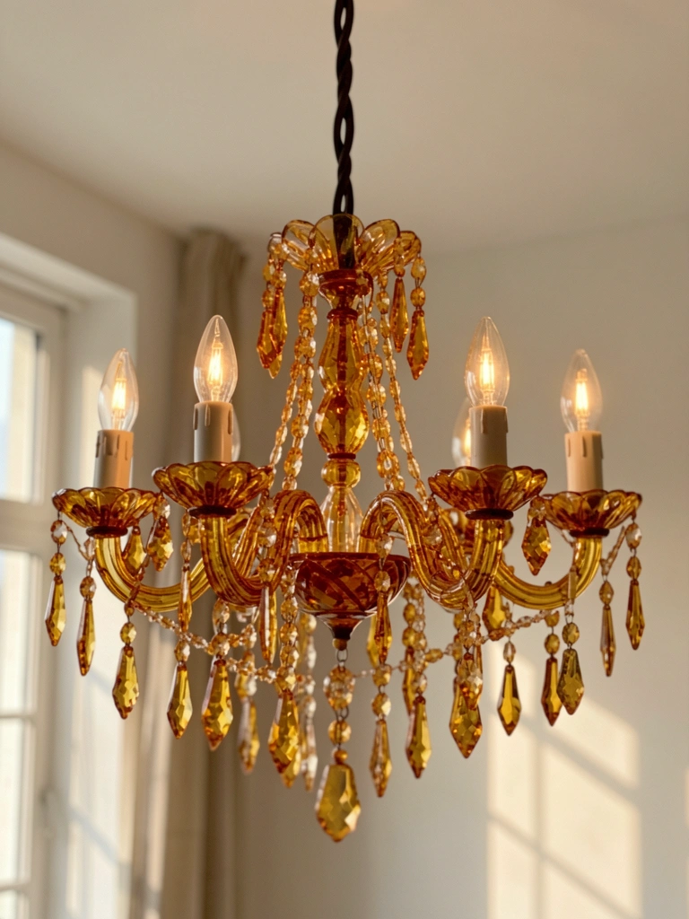Lustre de cristal âmbar com braços e lâmpadas em forma de vela, pingentes de gota refletem luz dourada, fundo com luz natural difusa.