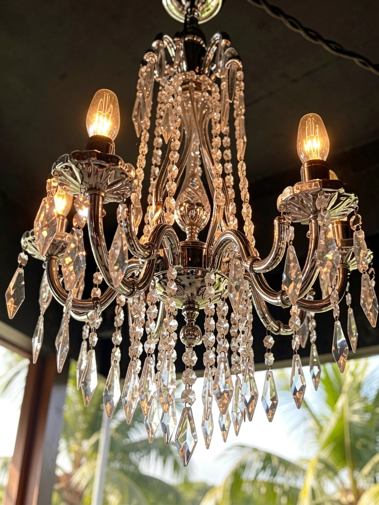 Lustre industrial de cristal transparente e cromo com seis lâmpadas quentes, pendurado em teto escuro, reflexos cintilantes.
