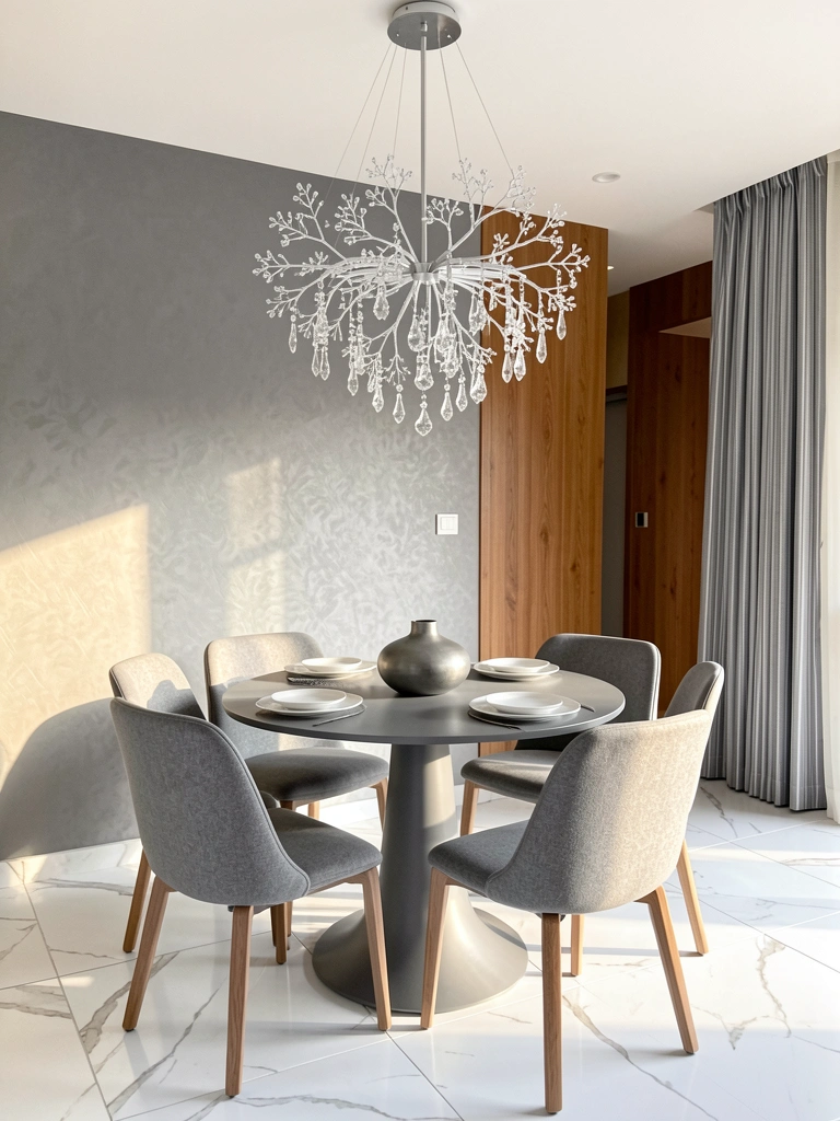 Lustre de cristal com múltiplos braços e pingentes sobre mesa redonda com cadeiras estofadas cinza, parede texturizada e piso de mármore branco.