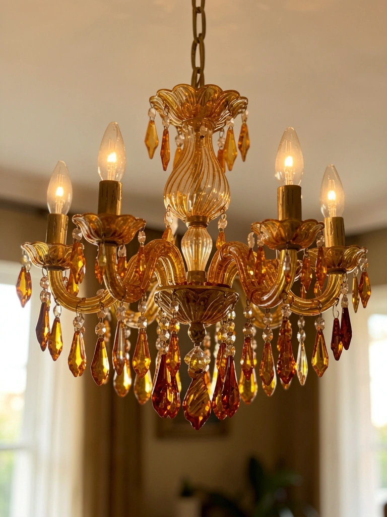 Lustre dourado com vidro âmbar e pingentes de cristal em forma de lágrima, quatro lâmpadas acesas e fundo desfocado com luz natural quente.