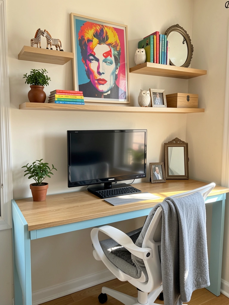 Luz natural incide sobre mesa azul-clara com estante de carvalho, TV Samsung, pôster de David Bowie e vaso com planta.