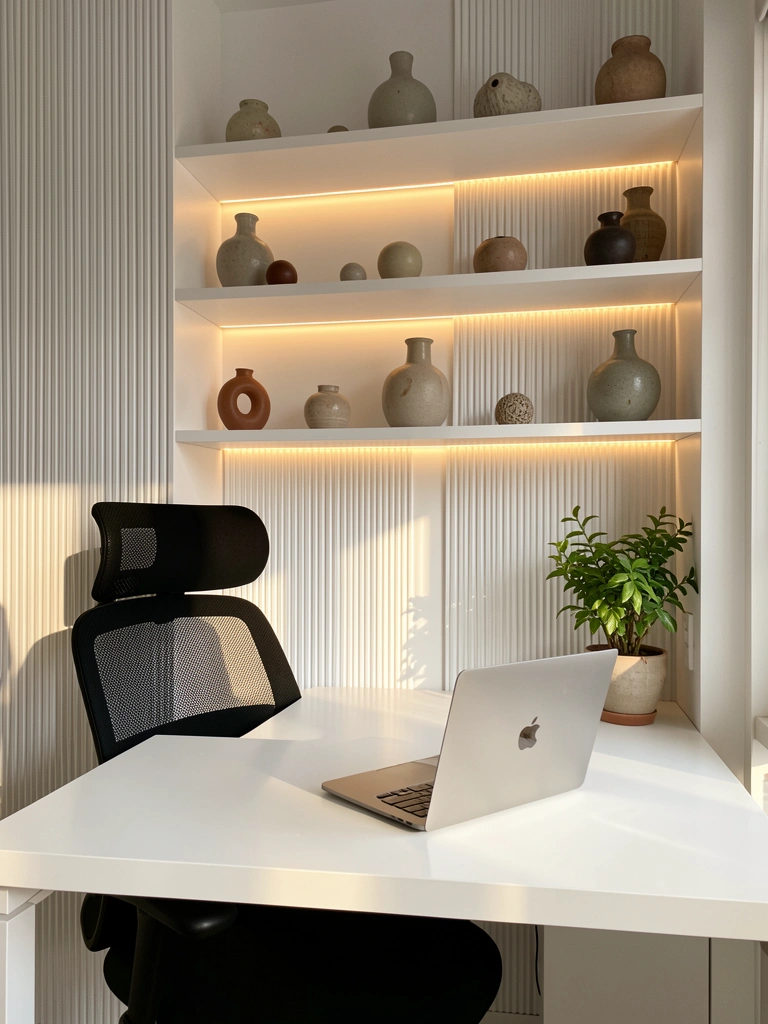 Mesa branca com cadeira preta ergonômica e MacBook prata, estante com vasos cerâmicos e planta, luz natural e artificial em painéis verticais.