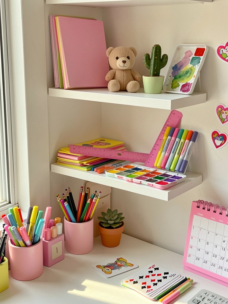Luz natural incide sobre escrivaninha de canto com canetas coloridas, suculenta em vaso e prateleiras com caderno rosa e ursinho.