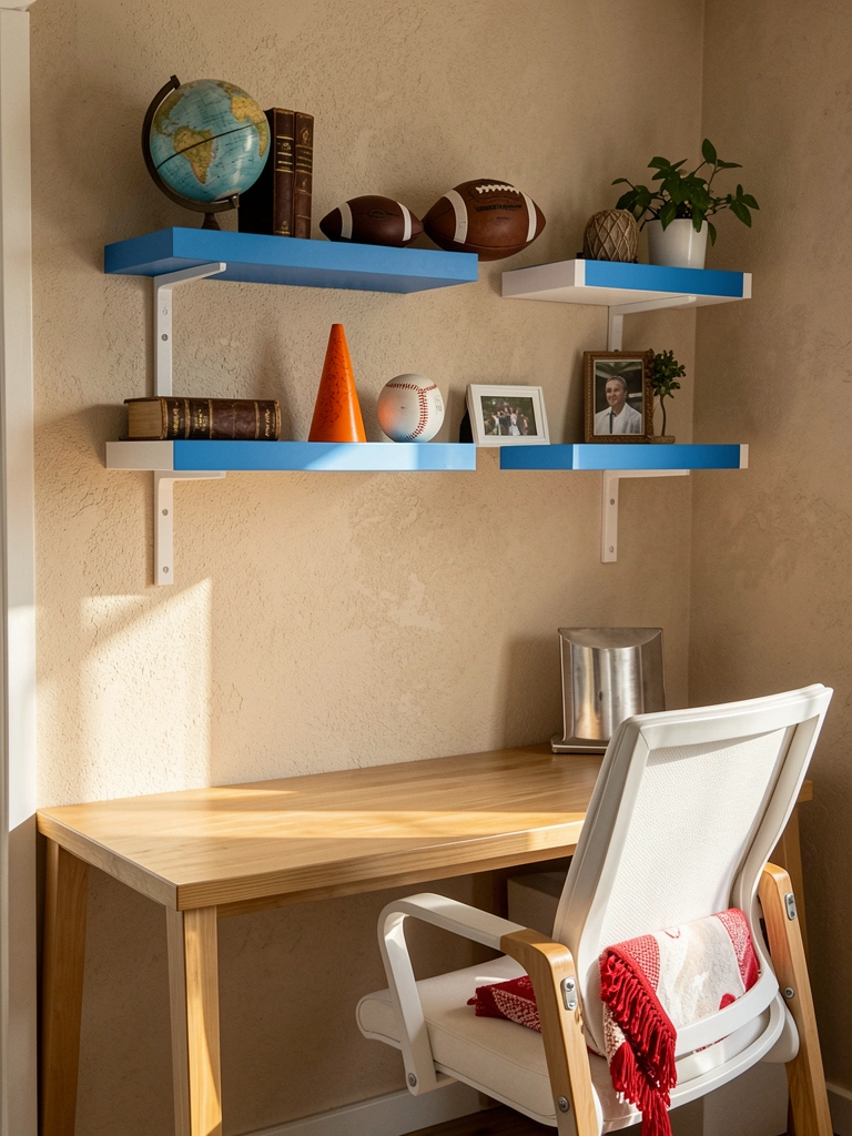 Prateleiras azuis e brancas com globo, livro, bola, cone laranja e planta, sobre parede texturizada bege, com mesa de madeira clara e cadeira ergonômica branca.