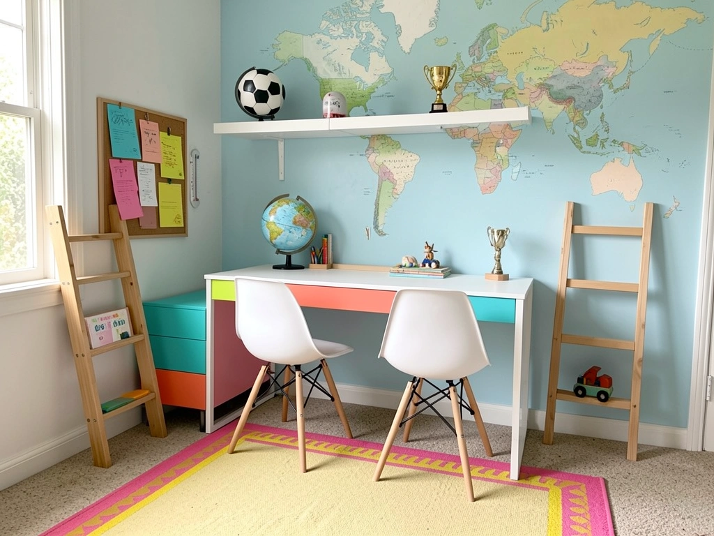 Mesa infantil branca com gavetas turquesa e coral, cadeiras Eames, globo e troféu na prateleira, parede azul clara com mapa-múndi.