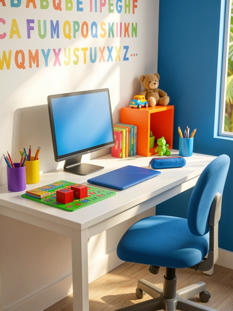 Mesa infantil branca com monitor azul, laptop azul e cadeira giratória azul, prateleira laranja com ursinho de pelúcia e carrinho, parede com alfabeto colorido, luz natural.