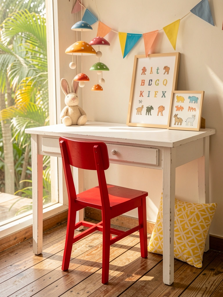 Mesa branca com cadeira vermelha, móbile de cogumelo e letreiro infantil, luz natural do dia sobre chão de madeira.