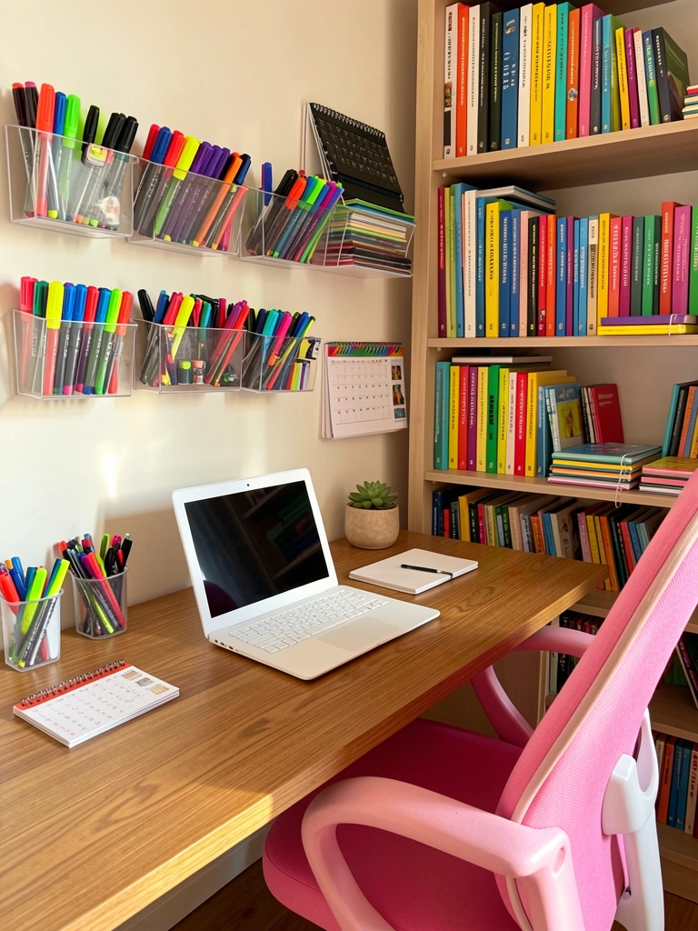 Mesa de madeira com laptop branco, canetas coloridas em suportes acrílicos, cadeira rosa e estante com livros, luz natural do dia.