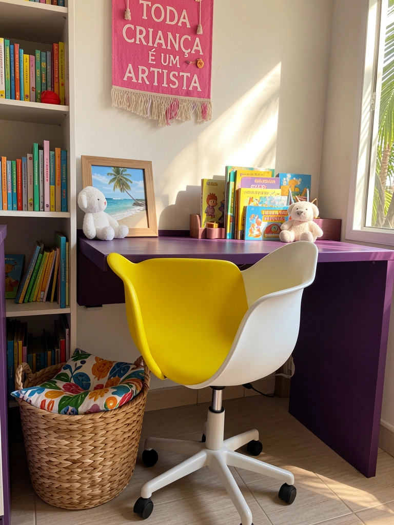 Cadeira amarela brilhante em escrivaninha roxa escura, cesto com almofada colorida no chão, estante com livros infantis e parede decorada com letreiro rosa e moldura de praia.