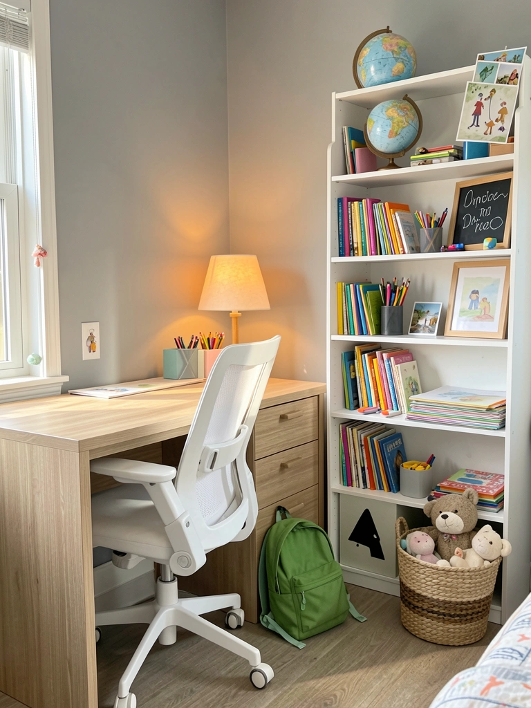 Mesa de madeira clara com cadeira ergonômica branca, estante alta com livros e globo, mochila verde no chão e cesto de pelúcias, luz natural entrando pela janela.