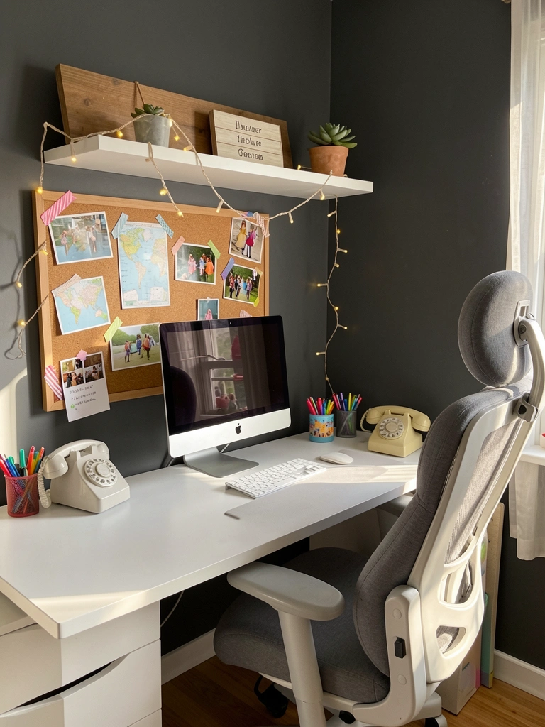 Corkboard com fotos e mapas coloridos sobre mesa branca com computador Apple e cadeira cinza ergonômica, luz natural entrando pela janela.