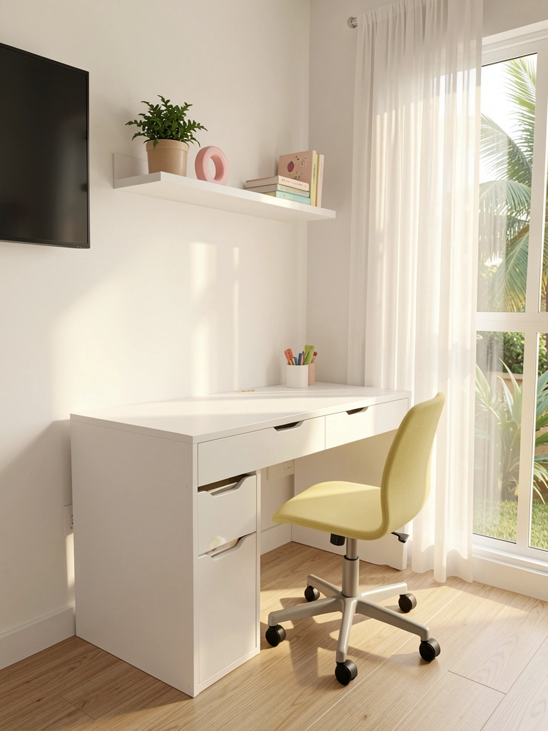 Bancada branca com gaveta, cadeira amarela clara sobre rodas, prateleira com vaso de planta e livros, TV na parede, janela com cortina branca e luz natural, piso de madeira clara.