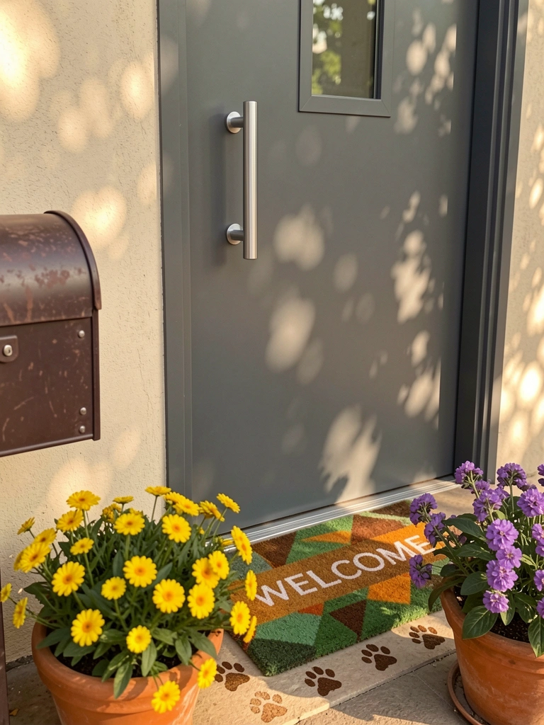 Porta de PVC cinza escuro com puxador prateado, capacho geométrico verde, laranja e marrom com pegadas, vaso de terracota com flores amarelas e roxas sob luz natural.