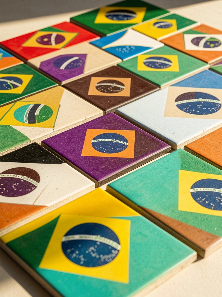 Primeiro plano de azulejos geométricos brasileiros nas cores vermelho, verde, roxo, azul e laranja, com padrões de brasões e bandeiras, sobre fundo neutro iluminado por luz natural.