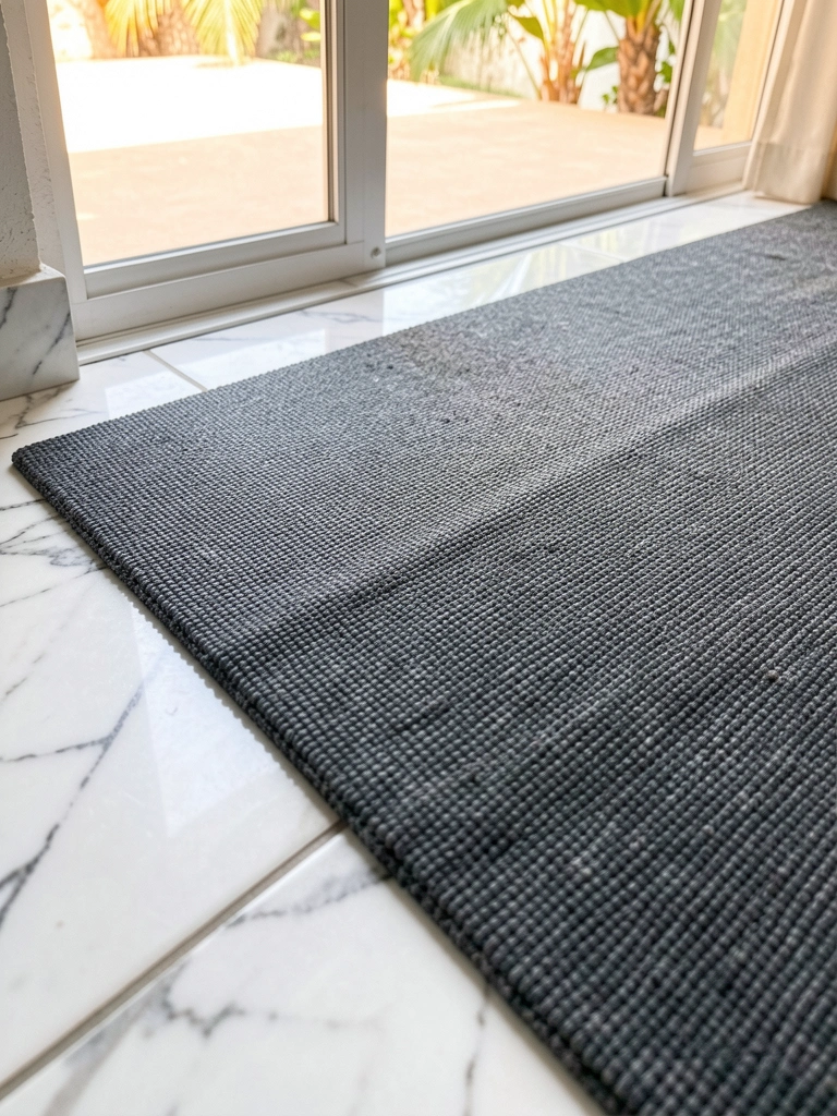 Capacho cinza escuro texturizado sobre piso de mármore branco com veios cinza, porta de vidro deslizante ao fundo com luz natural difusa.