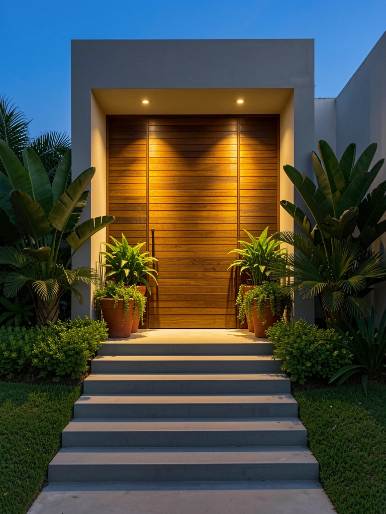 Porta de madeira com lâminas horizontais iluminada por spots, escada de concreto e vasos de terracota com folhagens.